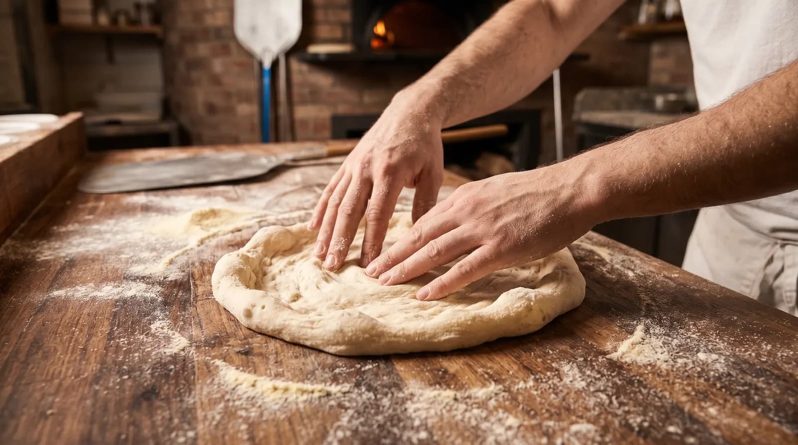 Hænder strækker pizzadejen ud på et melet bord
