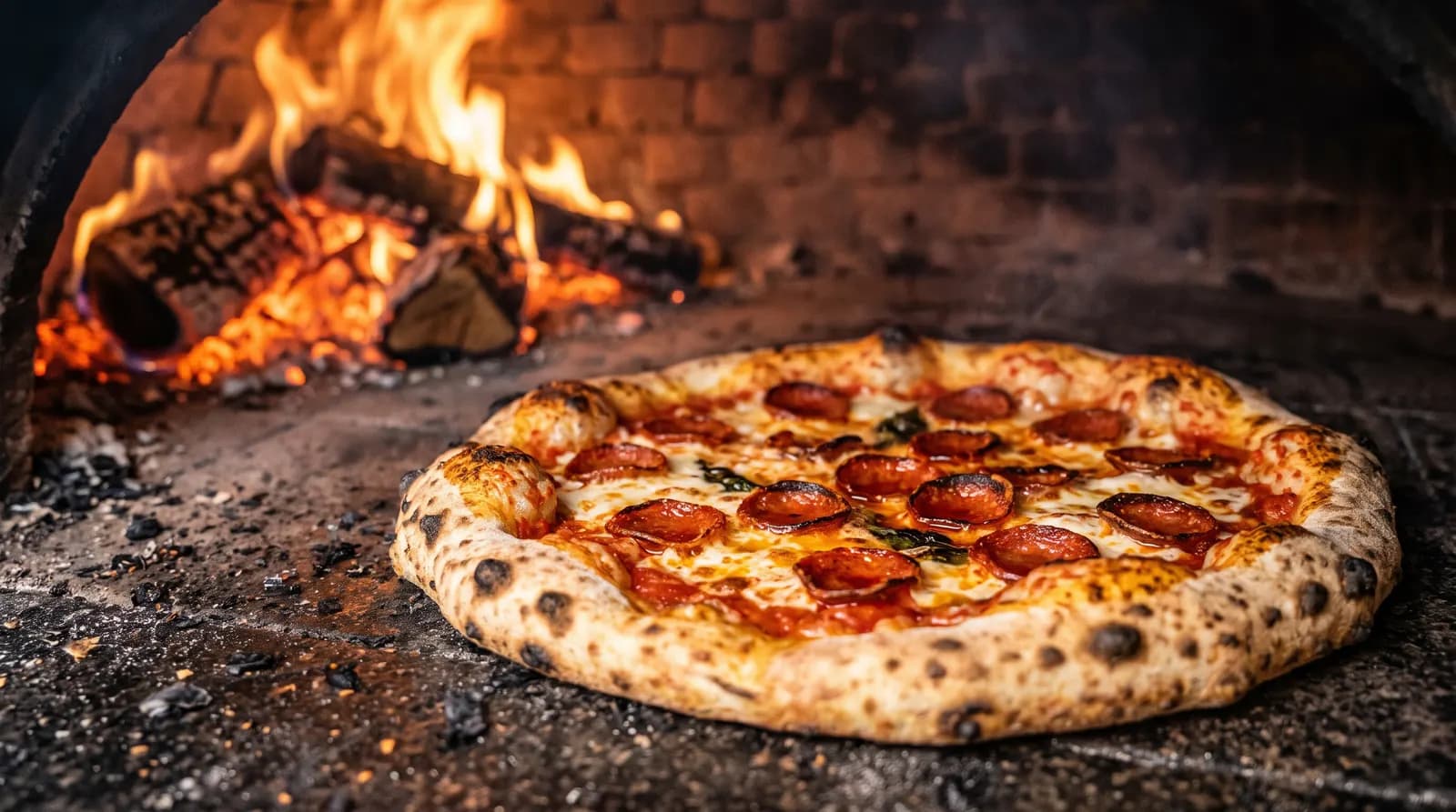 Pepperonipizza med boblende ost og mørke pletter på kanten bager direkte på stenen i ovnen